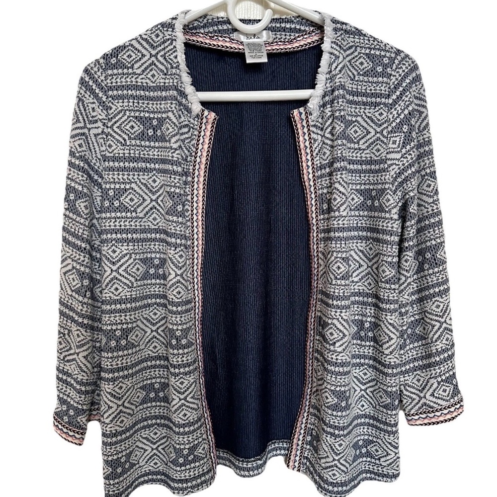 Isela Open Front Lightweight Aztec Fringe Neck Cardigan Boho Beachy Nautical-L